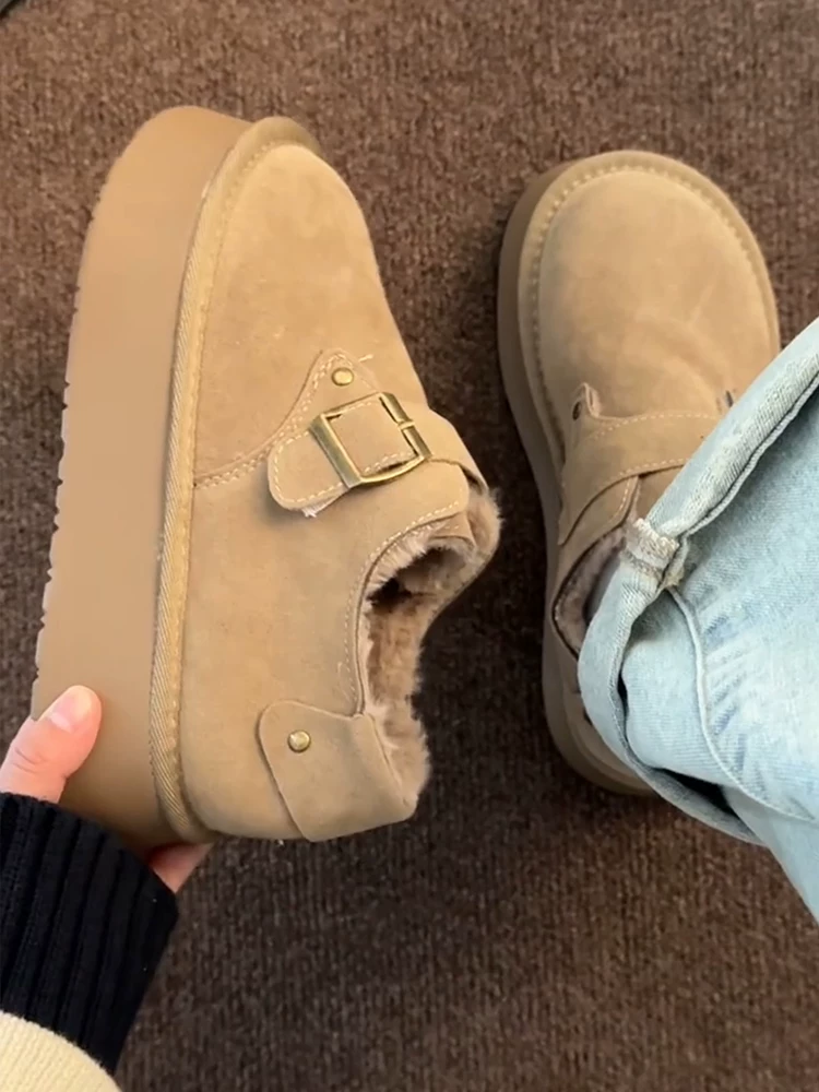 Phiên bản da bò ~ Giày lót lông cừu kiểu lười giữ ấm mùa đông, giày Birkenstock da thật đế dày tăng chiều cao, giày cotton đa năng dành cho nữ.