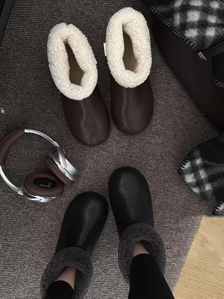 Phiên bản da bò ~ Giày bốt cotton đơn giản, giản dị, da thật cao cấp màu đen cổ điển dành cho nữ, giày bốt đi tuyết đế dày đa năng mũi tròn thời trang