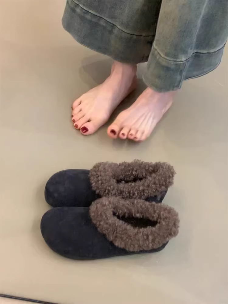 Phiên bản da cừu ~ Giày Birkenstock da lộn kiểu lười, đơn giản và đa năng dành cho nữ, giày cotton lót lông mềm kiểu retro, dễ mang