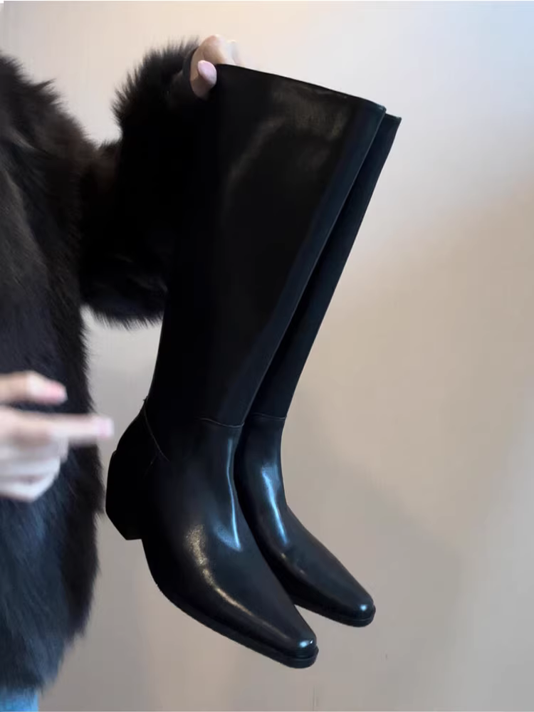 Phiên bản da bò ~ Giày bốt cưỡi ngựa đế vuông, gót dày dành cho nữ, bốt da thật màu đen cổ điển cao quá đầu gối, bốt có khóa kéo phía sau giúp thon gọn.