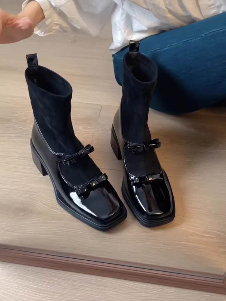 Phiên bản da bò ~ Giày bốt thon gọn co giãn kiểu cổ tích kiểu Pháp dành cho nữ, Giày bốt ngắn đa năng mũi vuông kiểu Hàn Quốc