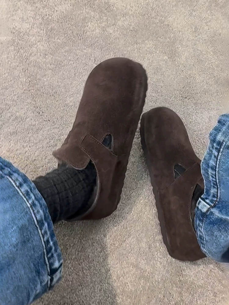 Phiên bản da cừu ~ Giày Birkenstock đế bằng kiểu Retro Melard dành cho nữ, đa năng, lót lông cừu, ấm áp, giày cotton da thật cắt sâu, giày lông thú.