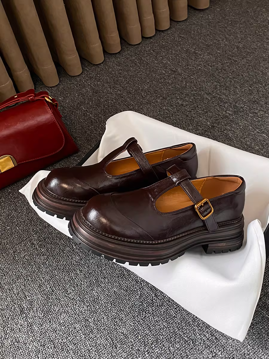 Phiên bản da cừu ~ giày da nhỏ kiểu cổ điển đơn giản có khóa chữ T, mũi tròn rỗng, giày lười đế dày bằng da thật