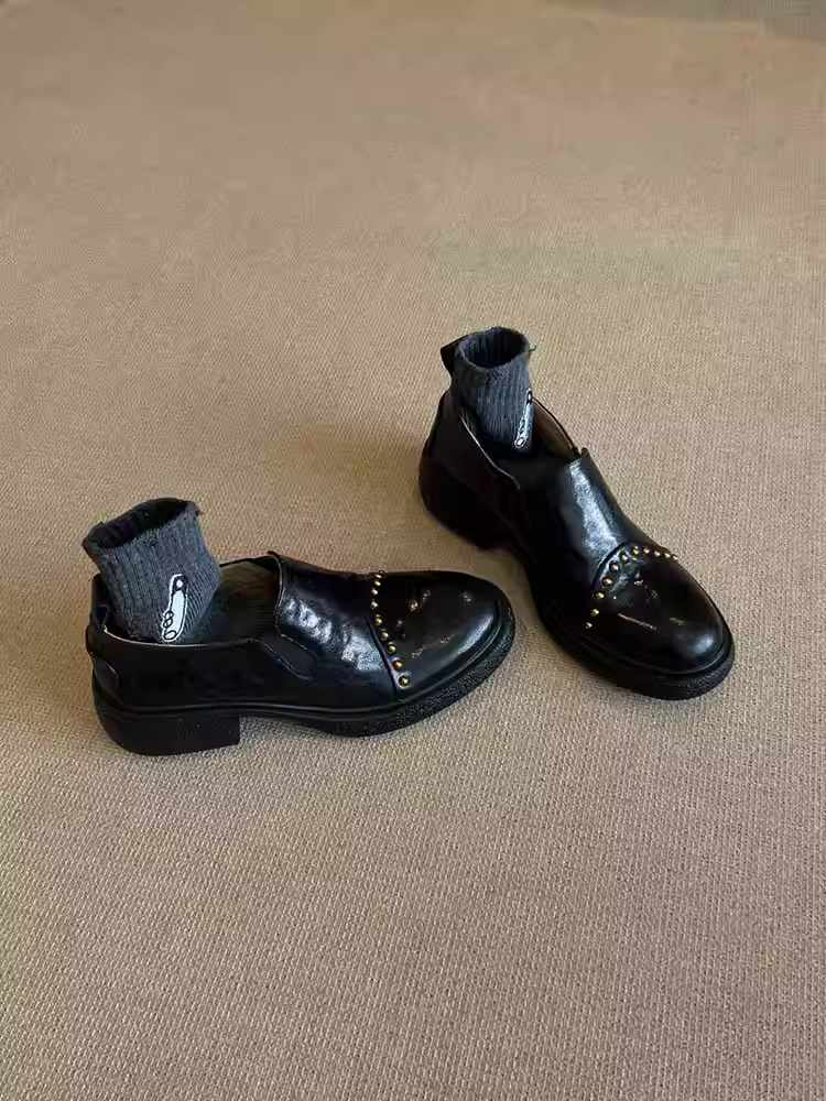 Phiên bản da cừu ~ Giày da nhỏ kiểu Anh dành cho nữ, giày lười đế dày bằng da thật có đế dày, kiểu dáng xỏ ngón, cổ sâu, có dây thun.