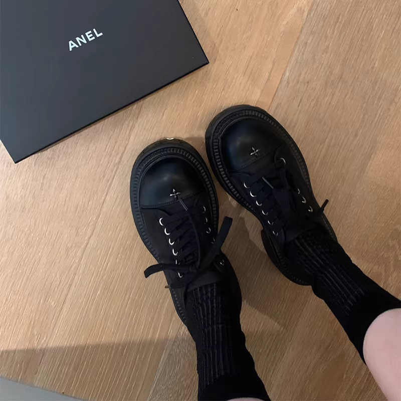 Phiên bản da bò ~ Giày mũi tròn buộc dây cổ điển bằng da thật dành cho nữ, giày da nhỏ đế dày bằng vải canvas chắp vá phong cách Anh quốc giản dị