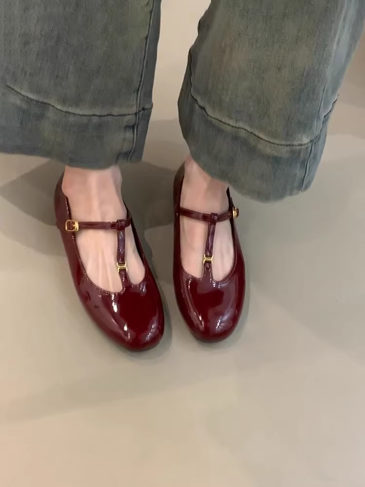 Phiên bản da cừu ~ Giày đế bằng mũi tròn kiểu Pháp cổ điển dành cho nữ, giày đế bằng có dây chữ T bằng da sáng chế, giày Mary Jane đế bằng rỗng