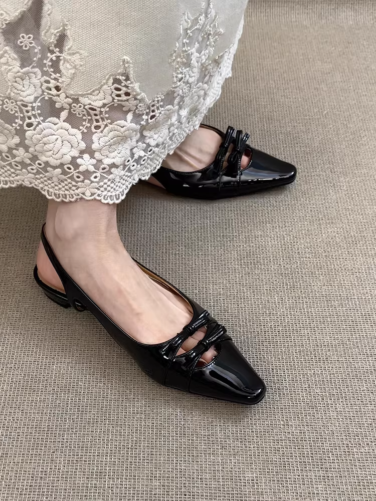 Phiên bản da cừu ~ Dép đế thấp khoét lỗ hình nơ bằng da thật dành cho nữ, giày mũi nhọn thanh lịch, đế thấp, hở gót, mũi kín, đa năng