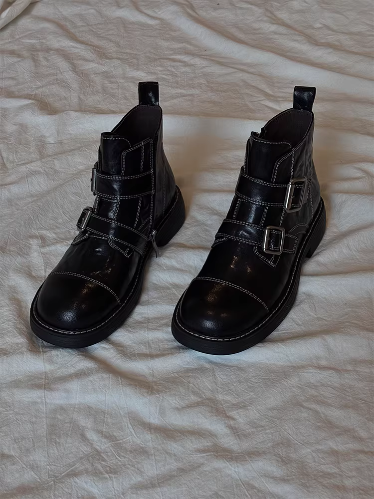 Phiên bản da bò ~ Giày bốt Martin có khóa kéo bên hông bằng da thật kiểu Anh nhỏ nhắn dành cho nữ, giày bốt ngắn kiểu Pháp có khóa thắt lưng thời trang độc đáo