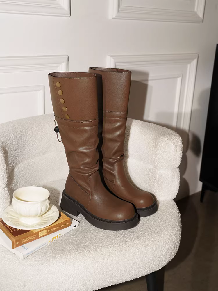 Pear Xiaoqi~ Giày bốt dài da thật Retro Melard Giày bốt dài đa năng dành cho nữ mùa thu đông Giày bốt cưỡi ngựa đế dày có thể mang hai chiều