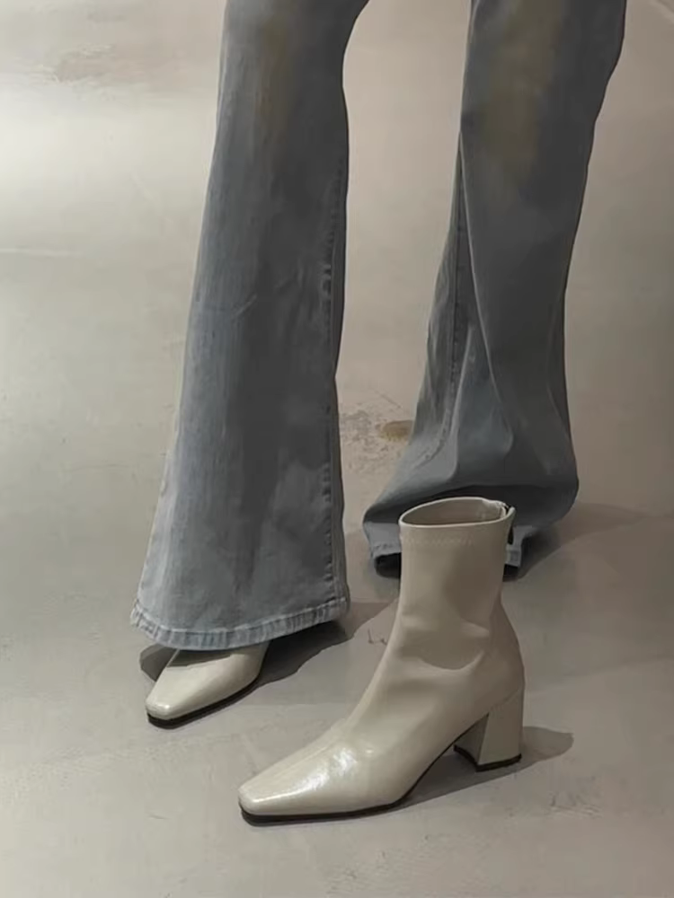 Phiên bản da bò ~ Giày cao gót da thật kiểu Pháp mũi vuông, đa năng và thanh lịch, thích hợp đi làm, giày bốt ngắn giúp bạn trông thon gọn hơn, giày bốt cổ ngắn dành cho nữ.