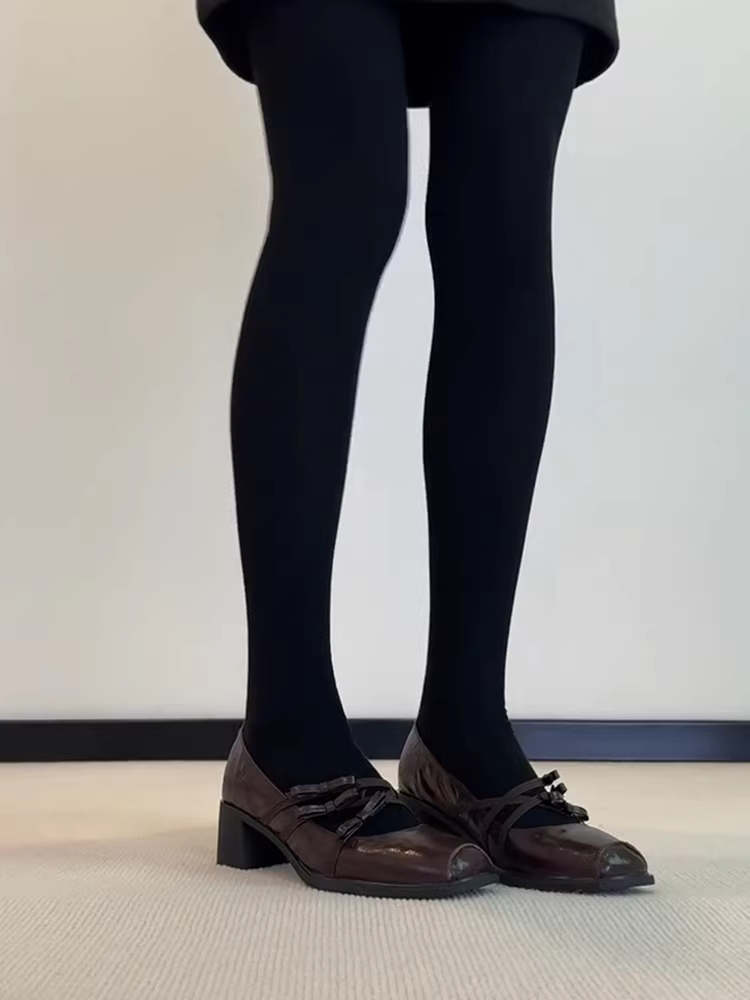 Phiên bản da cừu ~ Giày Mary Jane mũi vuông kiểu cổ điển Pháp, gót dày, dành cho nữ, quai đơn đa năng có nơ, giày da miệng nông.