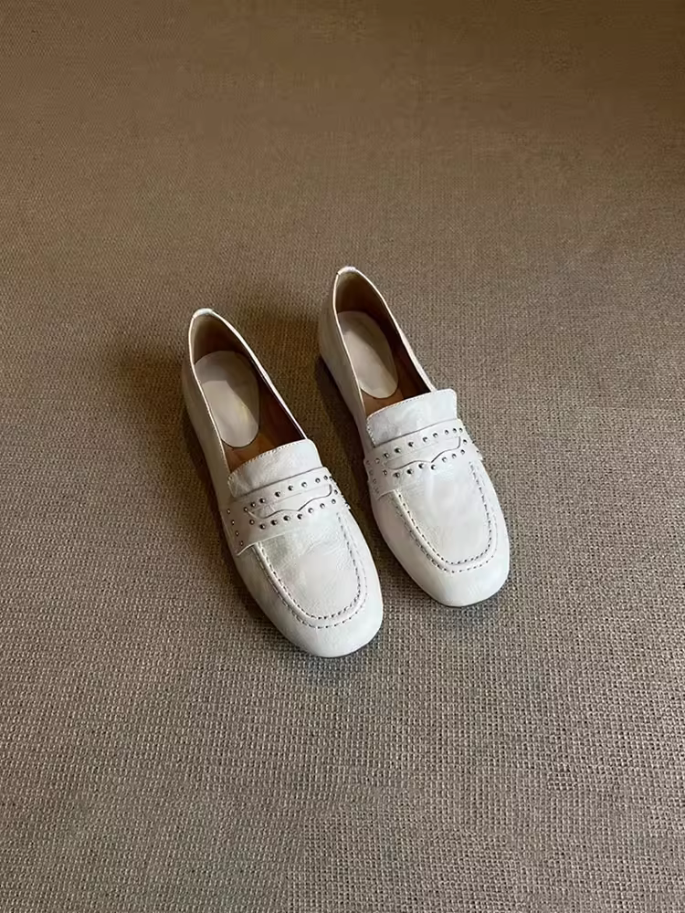 Phiên bản da cừu ~ giày lười màu trắng dành cho nữ, giày da nhỏ kiểu Anh, giày lười kiểu lười, giày đế bằng đi làm bằng da thật