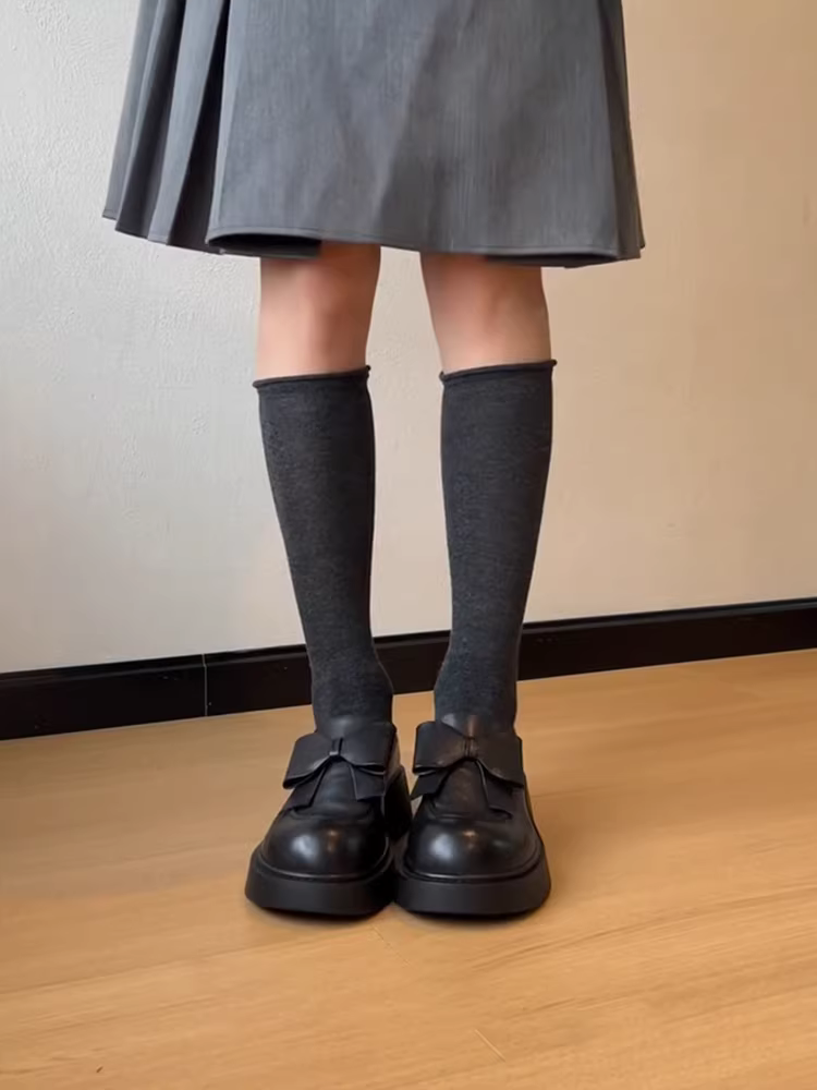 Phiên bản da cừu ~ Giày lười da thật có nơ lớn dành cho nữ, mũi tròn, đế dày, giày da nhỏ tăng chiều cao