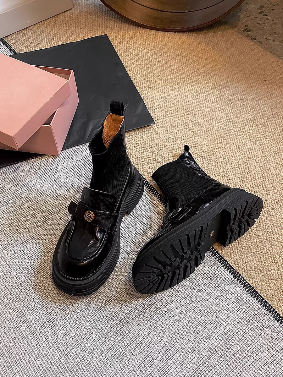Phiên bản da bò ~ Giày bốt dệt kim da thật kiểu Chanel dành cho nữ, bốt ôm sát, bốt cổ ngắn kiểu Anh đế dày cổ điển