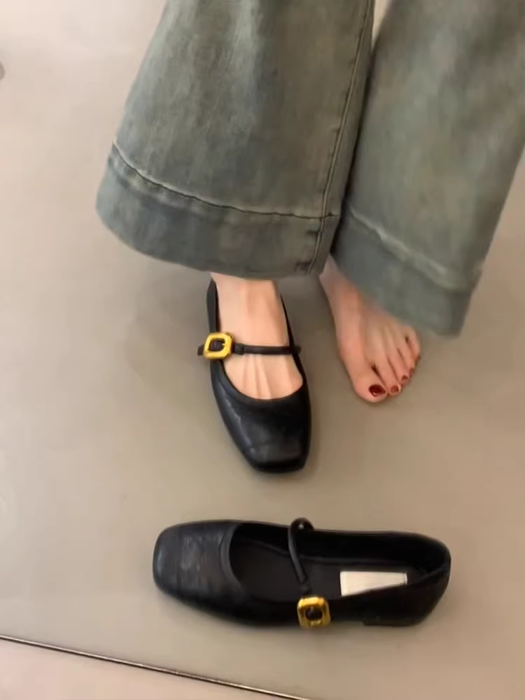 Phiên bản da cừu ~ Giày Mary Jane đế bằng phong cách cổ điển có khóa, mũi vuông, miệng nông, da thật, giày đi làm đa năng dành cho nữ