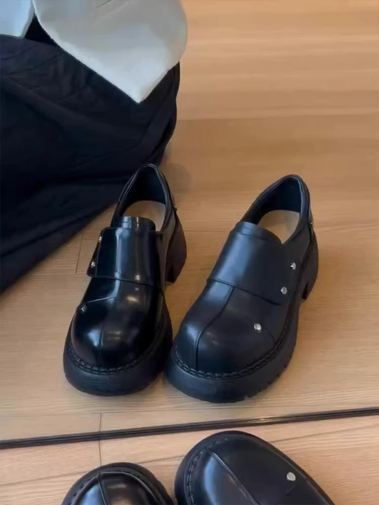 Phiên bản da cừu ~ Giày Derby dành cho nữ, giày lười đế dày cao cấp có khóa dán, giày da nhỏ kiểu Anh