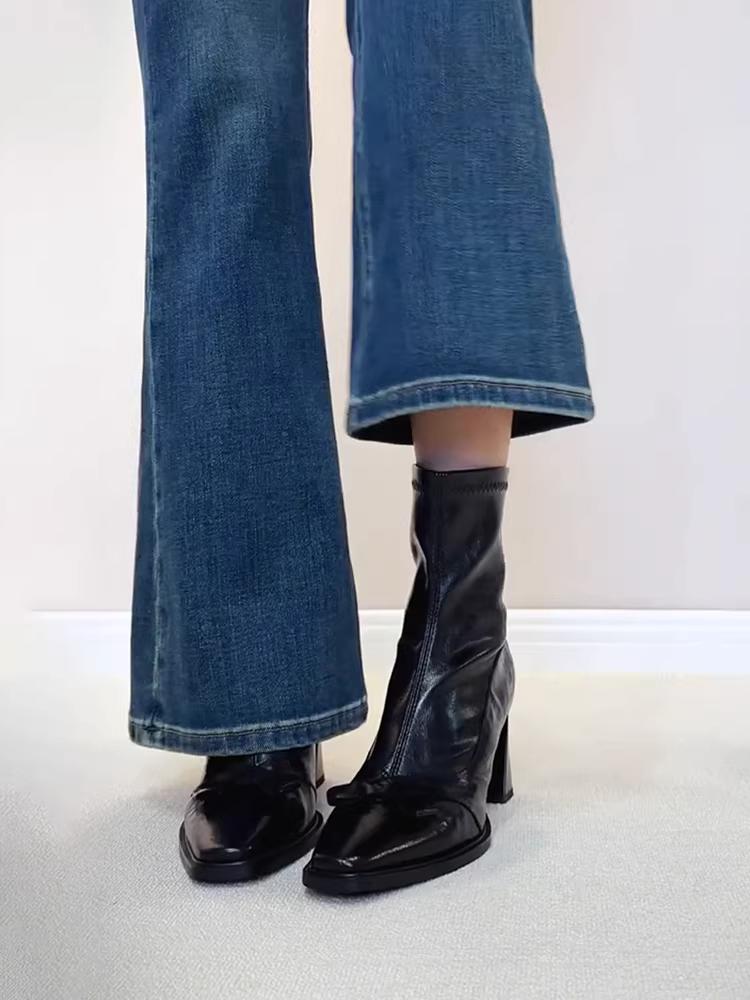 Phiên bản da cừu ~ Giày bốt da thật đa năng kiểu Anh dành cho nữ với mũi vuông nhỏ, nơ, khóa kéo phía sau, bốt ngắn cao gót