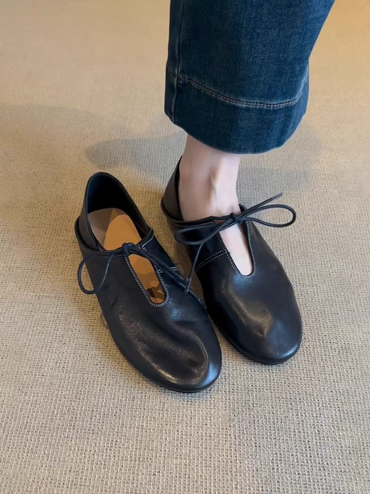 Phiên bản da cừu ~ Giày da mềm có dây buộc kiểu cổ điển đơn giản dành cho nữ, mang được hai chiều, giày đế bằng mũi tròn bằng da thật thoải mái