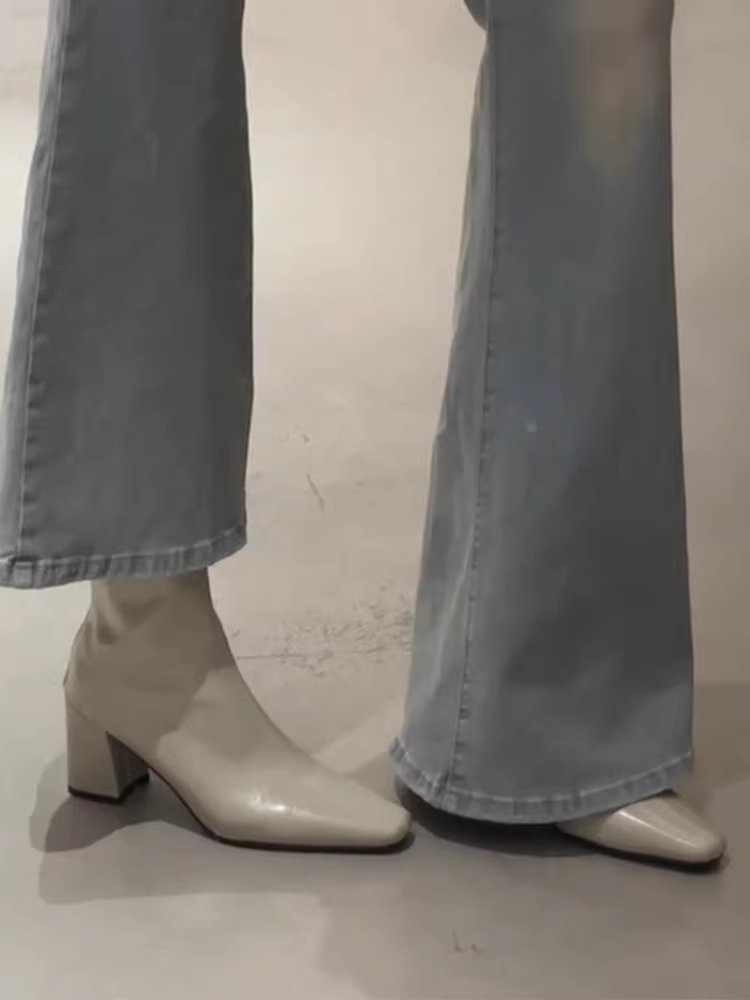 Phiên bản da bò ~ Giày cao gót da thật kiểu Pháp mũi vuông, đa năng và thanh lịch, thích hợp đi làm, giày bốt ngắn giúp bạn trông thon gọn hơn, giày bốt cổ ngắn dành cho nữ.