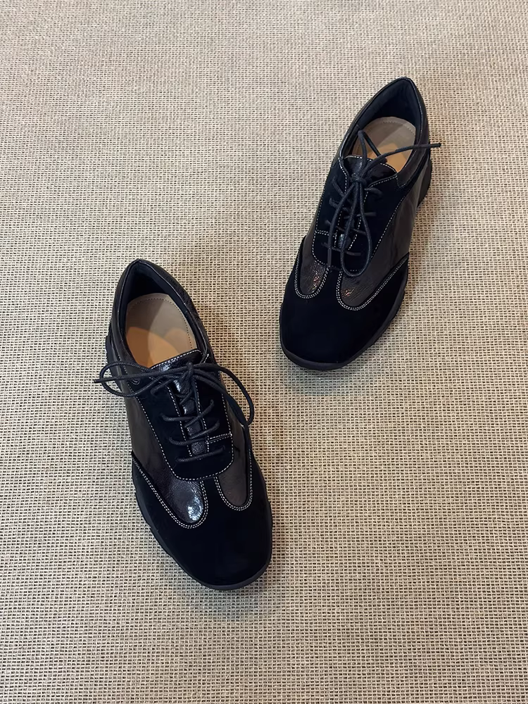 Phiên bản da cừu ~ Giày tập thể thao đế dày kiểu đại học dành cho nữ, giày thường đa năng có dây buộc sâu, giày đơn phối da thật.