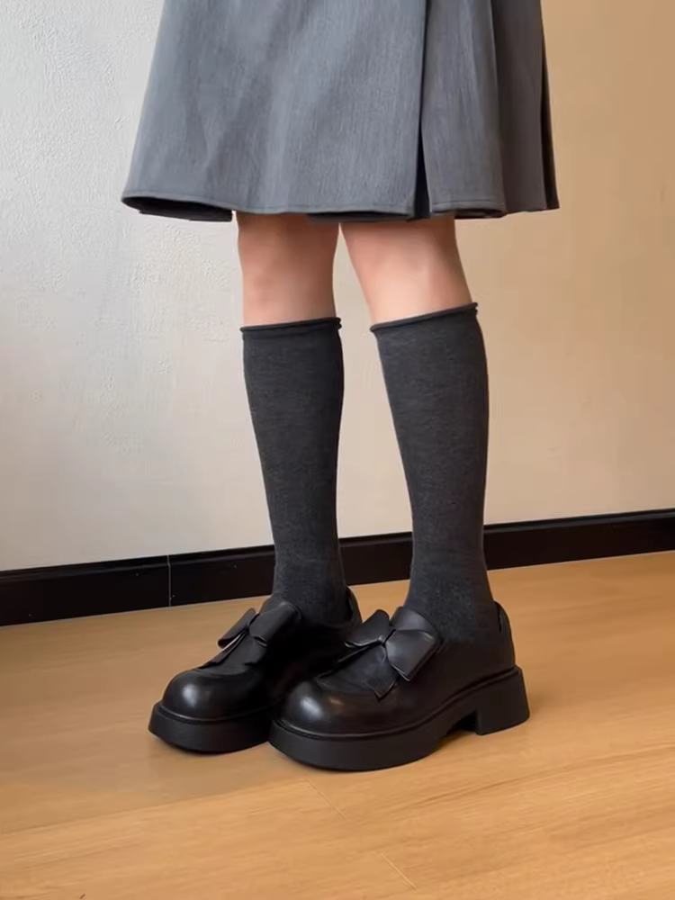 Phiên bản da cừu ~ Giày lười da thật có nơ lớn dành cho nữ, mũi tròn, đế dày, giày da nhỏ tăng chiều cao