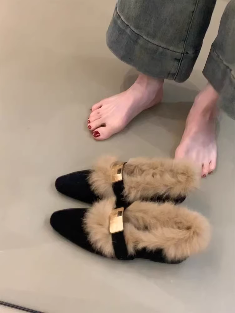 Phiên bản da cừu ~ Giày Mary Jane có khóa kim loại và gót giấu dành cho nữ, mũi nhọn mùa thu đông, giày lông thú thanh lịch và đơn giản