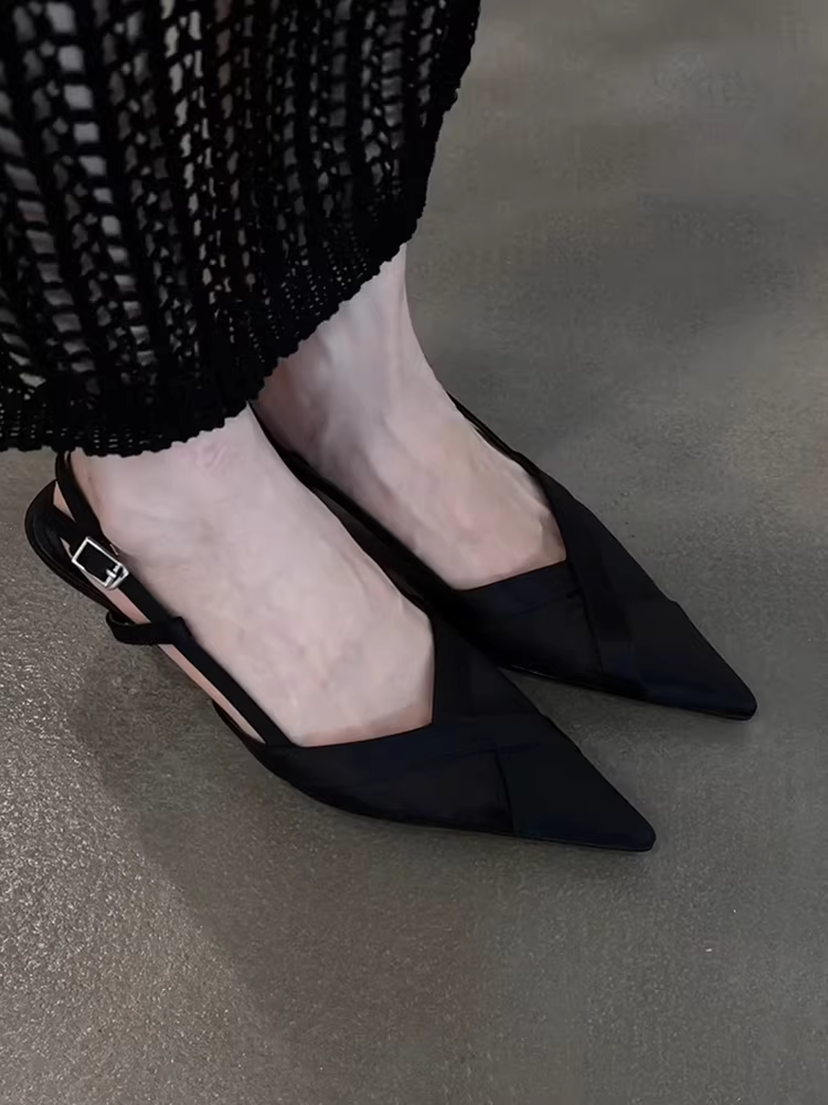 Phiên bản da cừu ~ Giày mũi nhọn màu đen thanh lịch mới bằng da thật dành cho nữ, giày cao gót quai sau đơn giản, dép đa năng