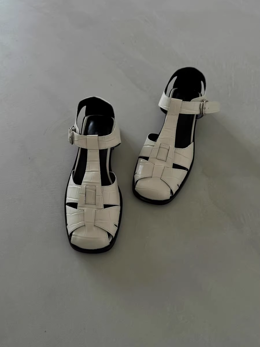 Phiên bản da cừu ~ Dép La Mã cổ điển bằng da thật dành cho nữ, giày đế bằng đế thấp mùa hè, giày sandal mũi kín thông thường, kiểu rỗng