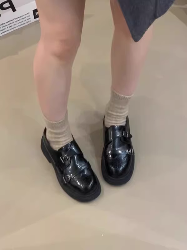 Phiên bản da cừu~ Giày lười kiểu Anh dành cho nữ, kiểu lười có khóa thắt lưng, đế dày, phong cách preppy, giày da nhỏ kiểu cổ điển