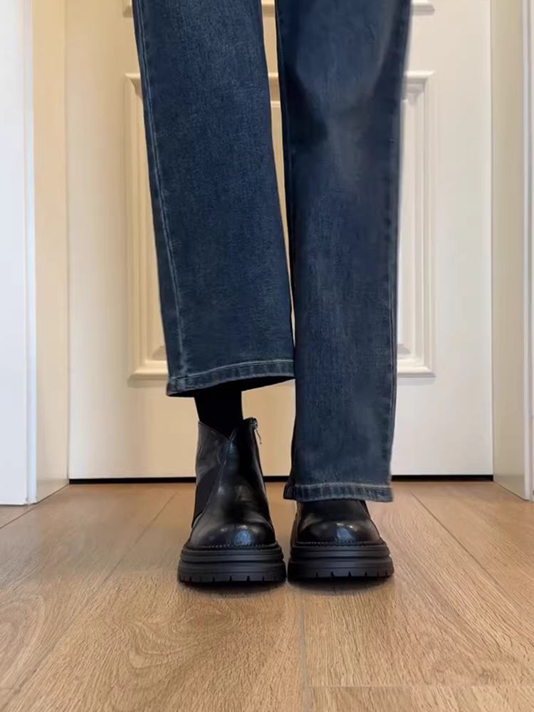 Phiên bản da bò~ Giày bốt Martin da thật cổ điển có khóa kéo bên hông, đế dày, gót dày, bốt ngắn đa năng, bốt da thật màu đen dành cho nữ