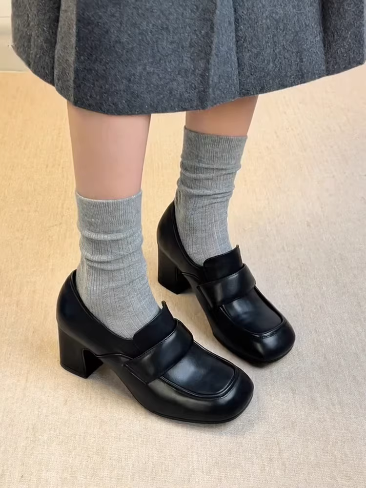 Phiên bản da cừu ~ Giày lười da thật màu đen đa năng kiểu cổ điển dành cho nữ, giày da đế vuông mũi vuông, giày da đế dày, giày đơn giản