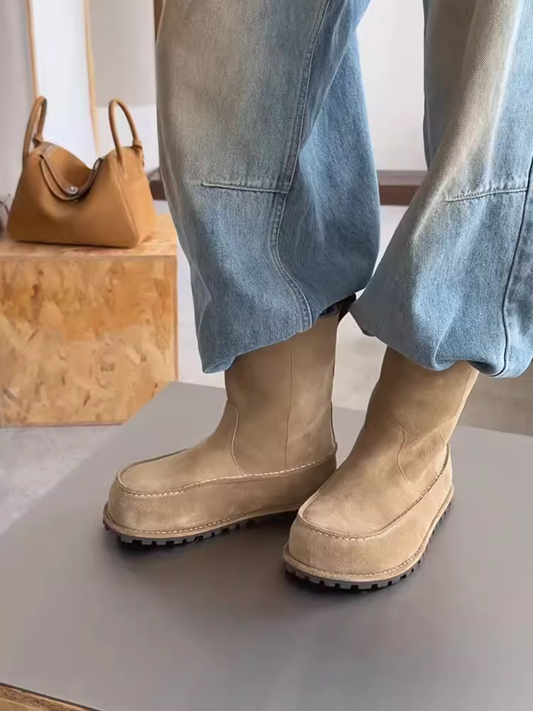 Phiên bản da bò ~ Giày bốt đi tuyết đế dày chống trượt Melard mùa thu đông dành cho nữ, da lộn cổ điển, kiểu dáng mới đơn giản, bốt cotton lót lông cừu