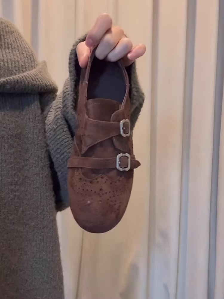 Phiên bản da cừu ~ giày lười có khóa thắt lưng bằng da lộn phong cách cổ điển dễ thương dành cho nữ, giày thời trang mũi tròn đế bằng kiểu dáng thời trang