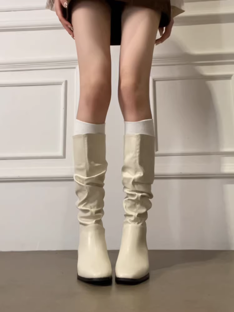 Phiên bản da bò ~ Giày bốt xếp ly da thật màu trắng dành cho nữ, phong cách Pháp, tôn dáng, gót dày, giày đi xe đa năng