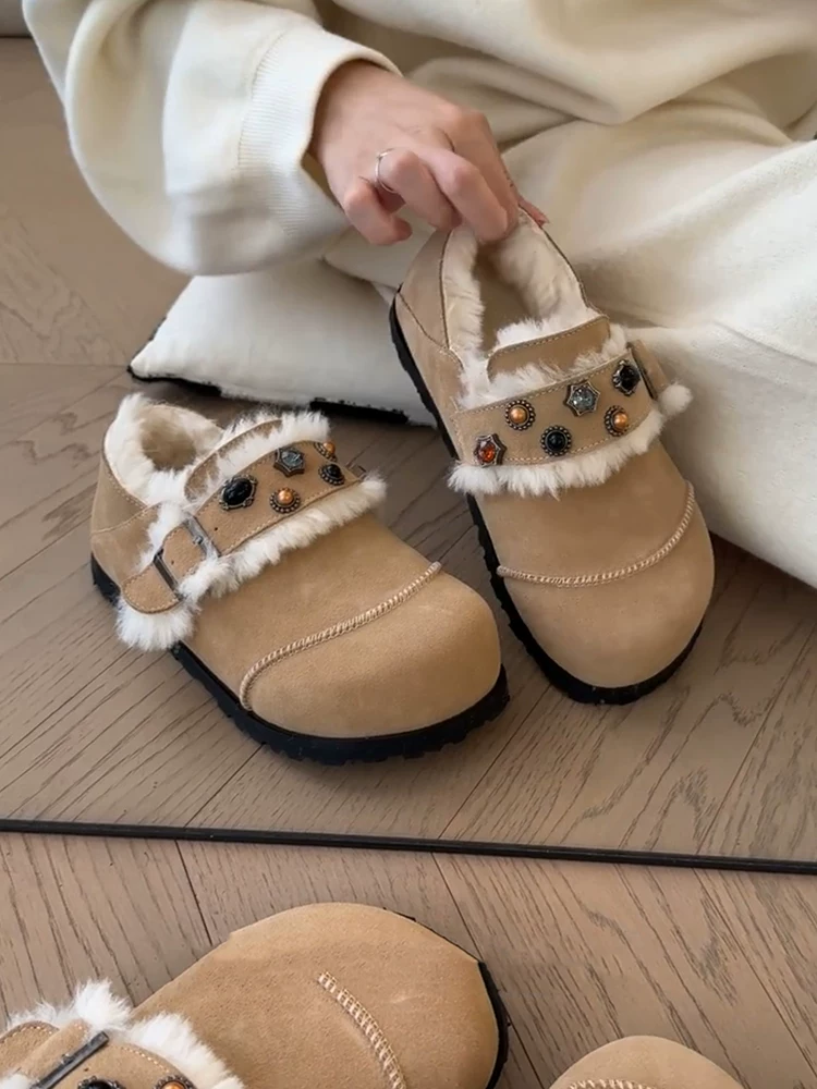 Phiên bản da cừu ~ Giày Birkenstock lót lông phong cách Hàn Quốc, thời trang độc đáo, giữ ấm, chống trơn trượt dành cho nữ, kiểu dáng thoải mái, dễ mang, đế bằng.