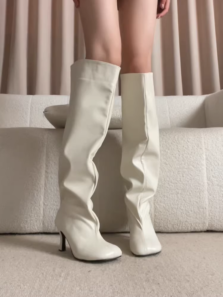 Phiên bản da bò ~ Giày bốt xếp ly kiểu dáng độc đáo trên đầu gối dành cho nữ, mũi vuông kiểu Pháp, giày cao gót đơn giản thanh lịch.