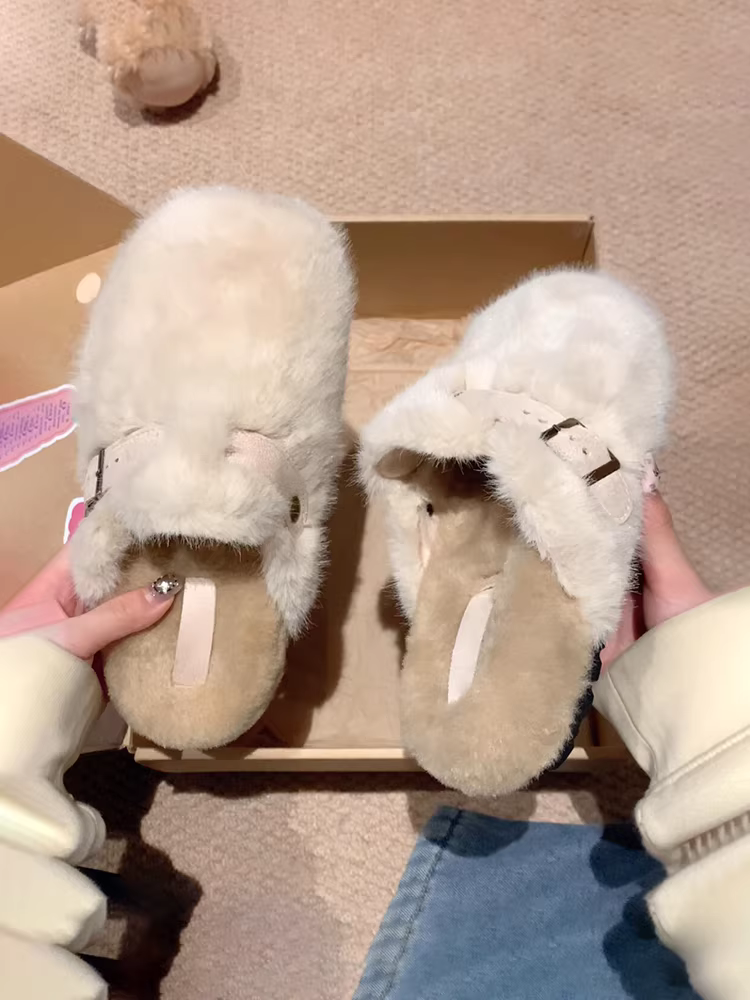 Phiên bản da cừu ~ Giày mũi kín kiểu mới mùa đông dành cho nữ có lớp lót lông mềm mại để mặc ngoài trời, ấm áp và có thể kết hợp với tất, giày cotton thông thường đa năng kiểu Birkenstock.