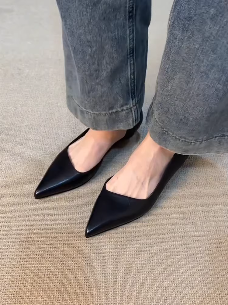 Phiên bản da cừu ~ Giày lười da thật đơn giản, hở hai bên, gót thấp, mũi nhọn, thanh lịch và đa năng khi đi làm và đi làm.