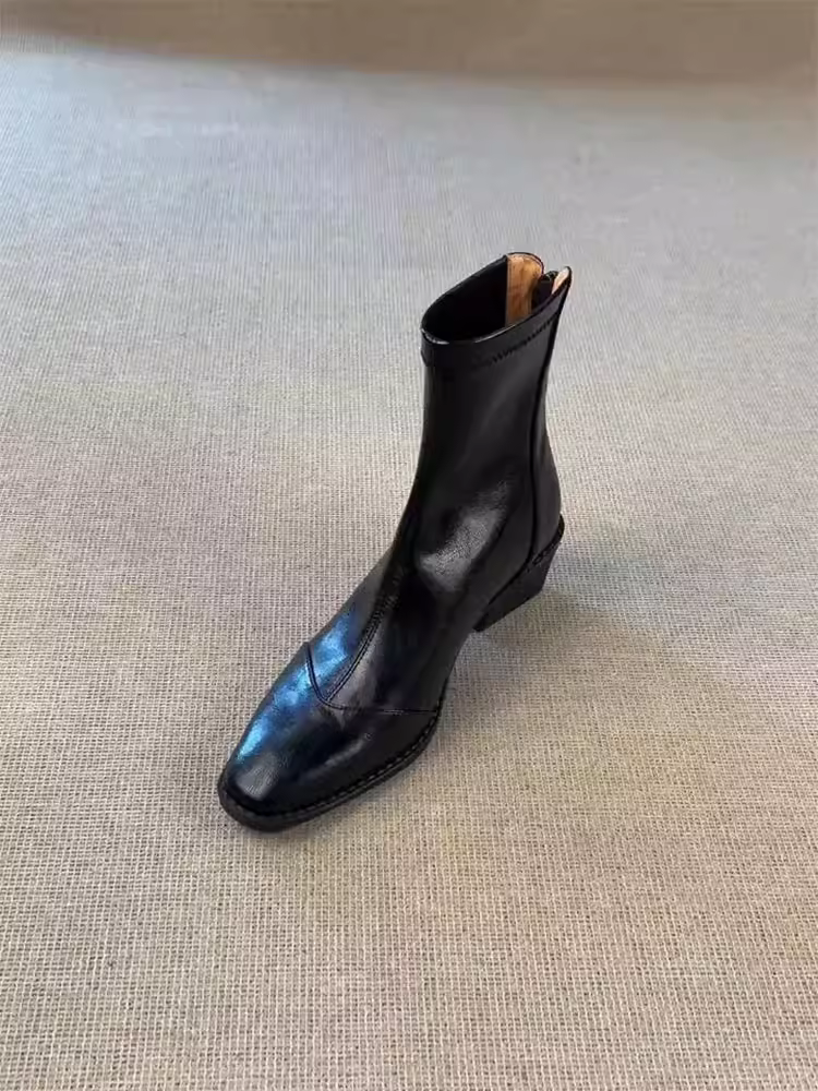 Phiên bản da bò ~ Giày bốt da thật đế dày thời trang dành cho nữ, kiểu Pháp có khóa kéo phía sau mũi vuông, giày bốt co giãn thanh lịch