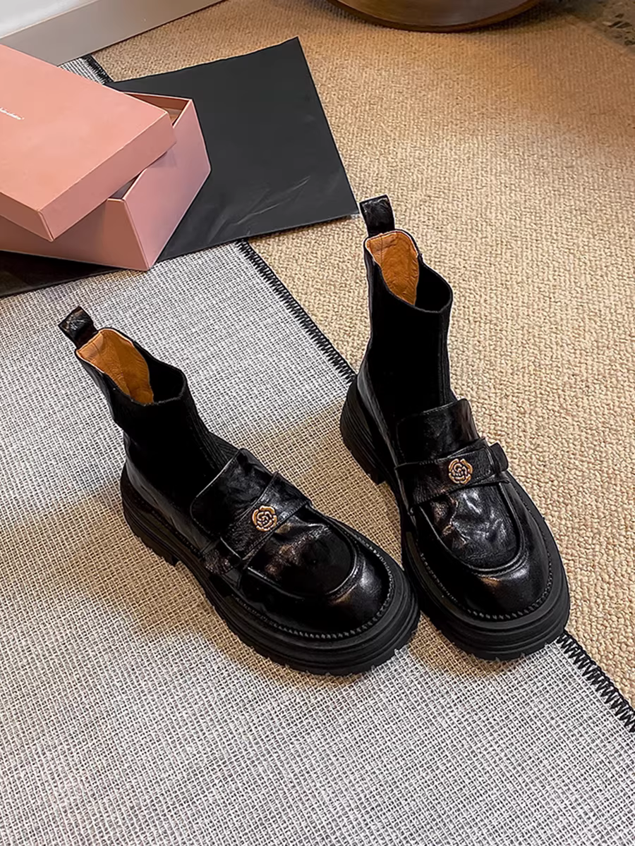 Phiên bản da bò ~ Giày bốt dệt kim da thật kiểu Chanel dành cho nữ, bốt ôm sát, bốt cổ ngắn kiểu Anh đế dày cổ điển