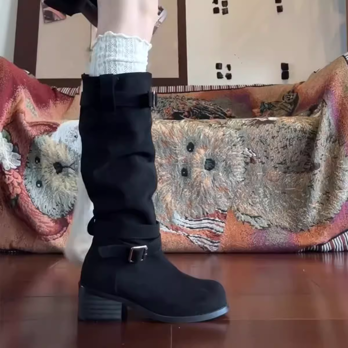 Phiên bản da bò ~ Giày bốt thời trang xếp ly dành cho nữ với gót dày, tôn dáng, da mềm đa năng, bốt dài, bốt kiểu miền Tây, bốt cao cổ đi xe