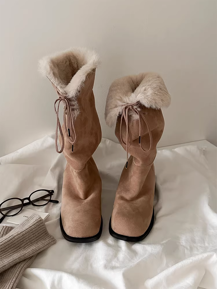 Phiên bản da bò ~ Giày bốt thời trang dài có thể gập lại, có thể mang được hai kiểu, cao cấp dành cho nữ, giày bốt giữ ấm đi tuyết, giày bốt lông thú độc đáo