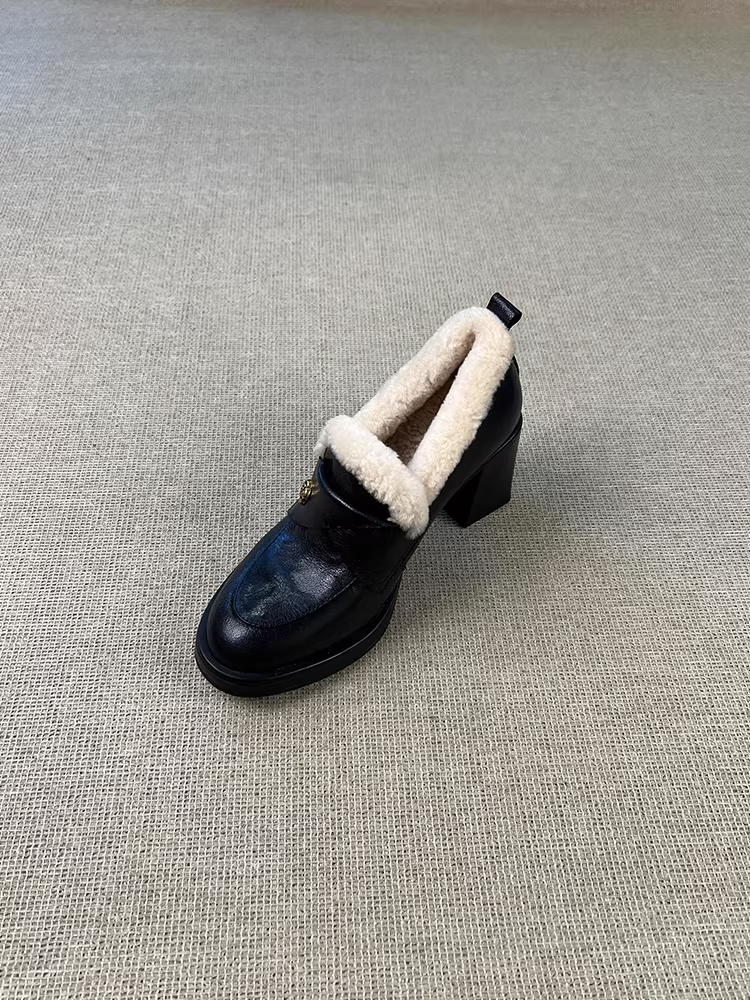 Phiên bản da cừu ~ Giày lười cao gót kiểu hoa trà thanh lịch dành cho nữ, giày da thật đa năng kiểu lười có lót lông cừu để đi làm, giày da mùa đông