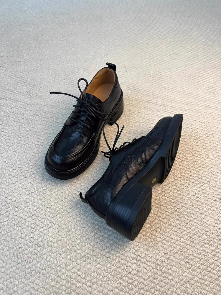 Phiên bản da cừu ~ Giày đế dày buộc dây kiểu đại học dành cho nữ, giày da thật đa năng đế dày, phong cách Anh quốc, giày da nhỏ kiểu giản dị