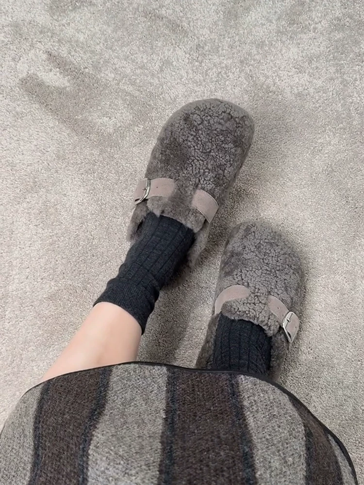 Phiên bản da cừu ~ Giày Birkenstock lông màu xám cổ điển, áo khoác ngoài bằng len cừu, giày cotton mùa đông đế bằng ấm áp thoải mái dành cho nữ