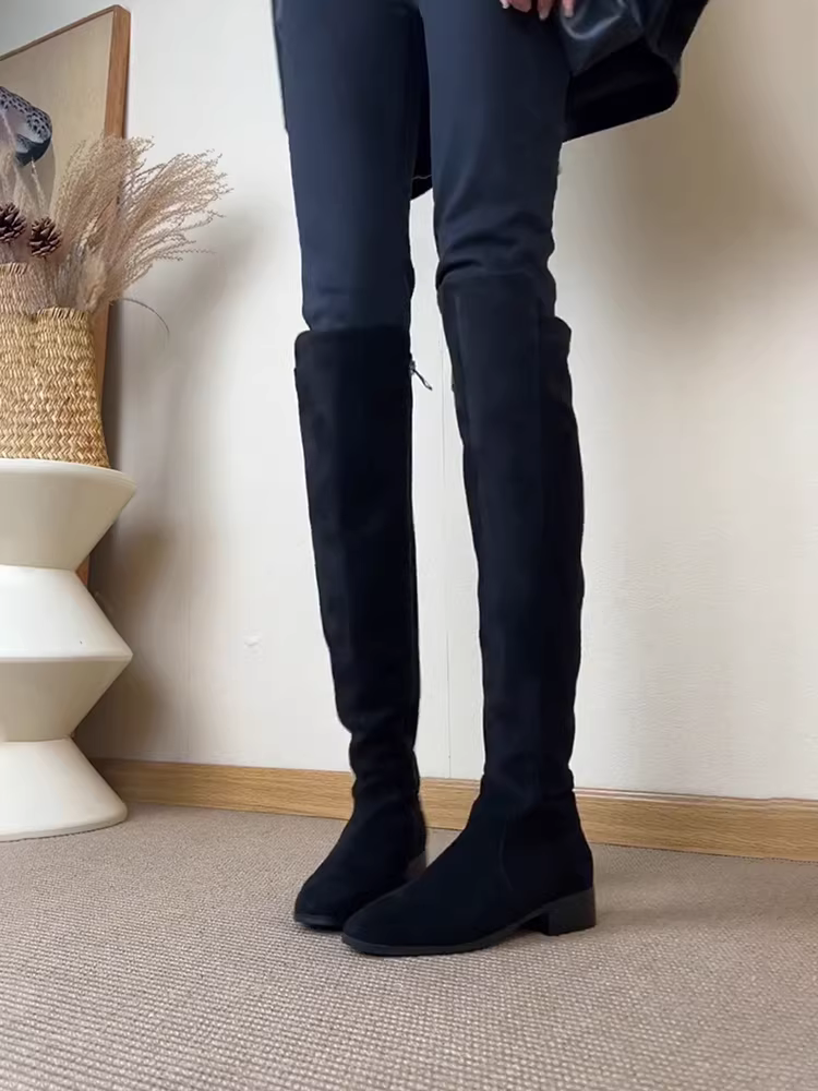 Phiên bản da bò ~ Giày bốt cưỡi ngựa cao quá đầu gối có khóa kéo bên hông dành cho nữ, bốt dài màu đen, tôn dáng, da mờ, bốt đa năng và thời trang.