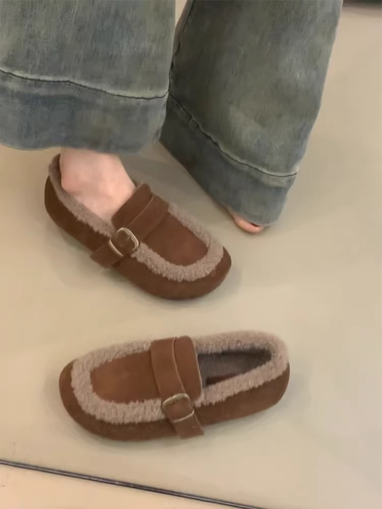 Phiên bản da cừu ~ Giày da thật có dây đeo khóa mùa đông lót lông cừu ấm áp bằng vải cotton dành cho nữ, giày đế bằng mũi tròn kiểu Birkenstock