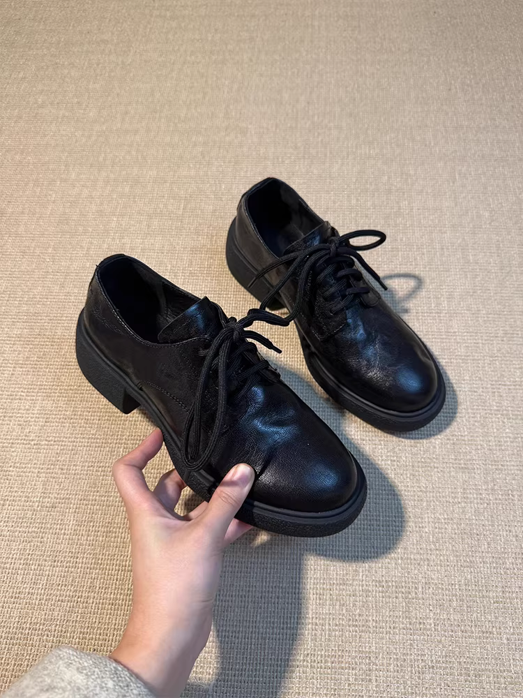 Phiên bản da bò ~ Giày da nhỏ có dây buộc kiểu Anh dành cho nữ, giày da thật đa năng, đế lốp êm ái, mũi tròn, giày đi làm