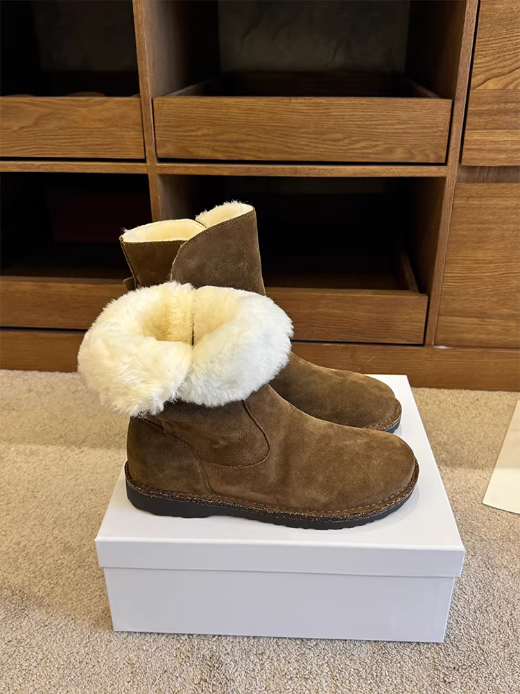 Phiên bản da bò ~ Giày bốt cotton cỡ lớn màu xanh cổ điển cao cấp dành cho nữ, da lộn, nhung dày đơn giản, ấm áp và chống trượt, giày đi tuyết Đông Bắc