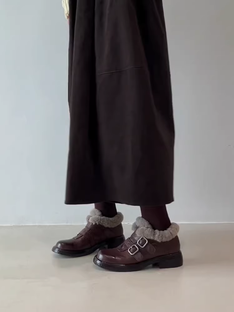 Phiên bản da bò ~ Giày bốt cổ ngắn có khóa đôi bằng da thật thời trang dành cho nữ, giày bốt cổ ngắn có đế dày lót lông cừu cổ điển, giày bốt cotton.